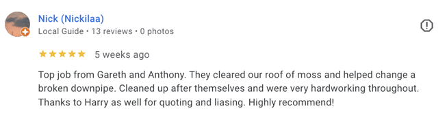 Nick - 5* - Top job from Gareth and Anthony. They cleared our roof of moss and helped change a broken downpipe. Cleaned up after themselves and were very hardworking throughout. Thanks to Harry as well for quoting and leasing. Highly recommended!